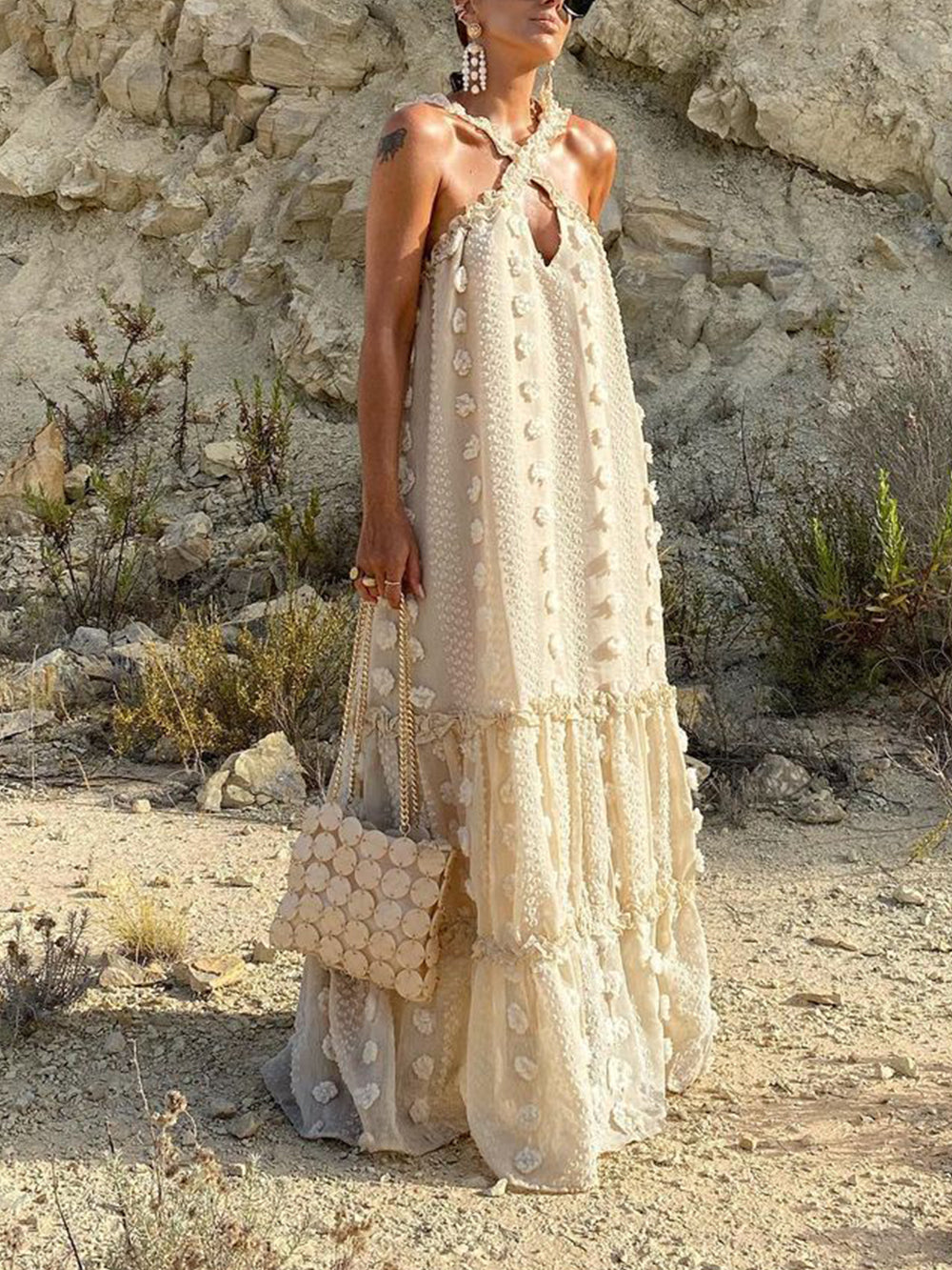 Cross-Front Halter 3D Floral Applique Tiered Ruffle Maxi Dress