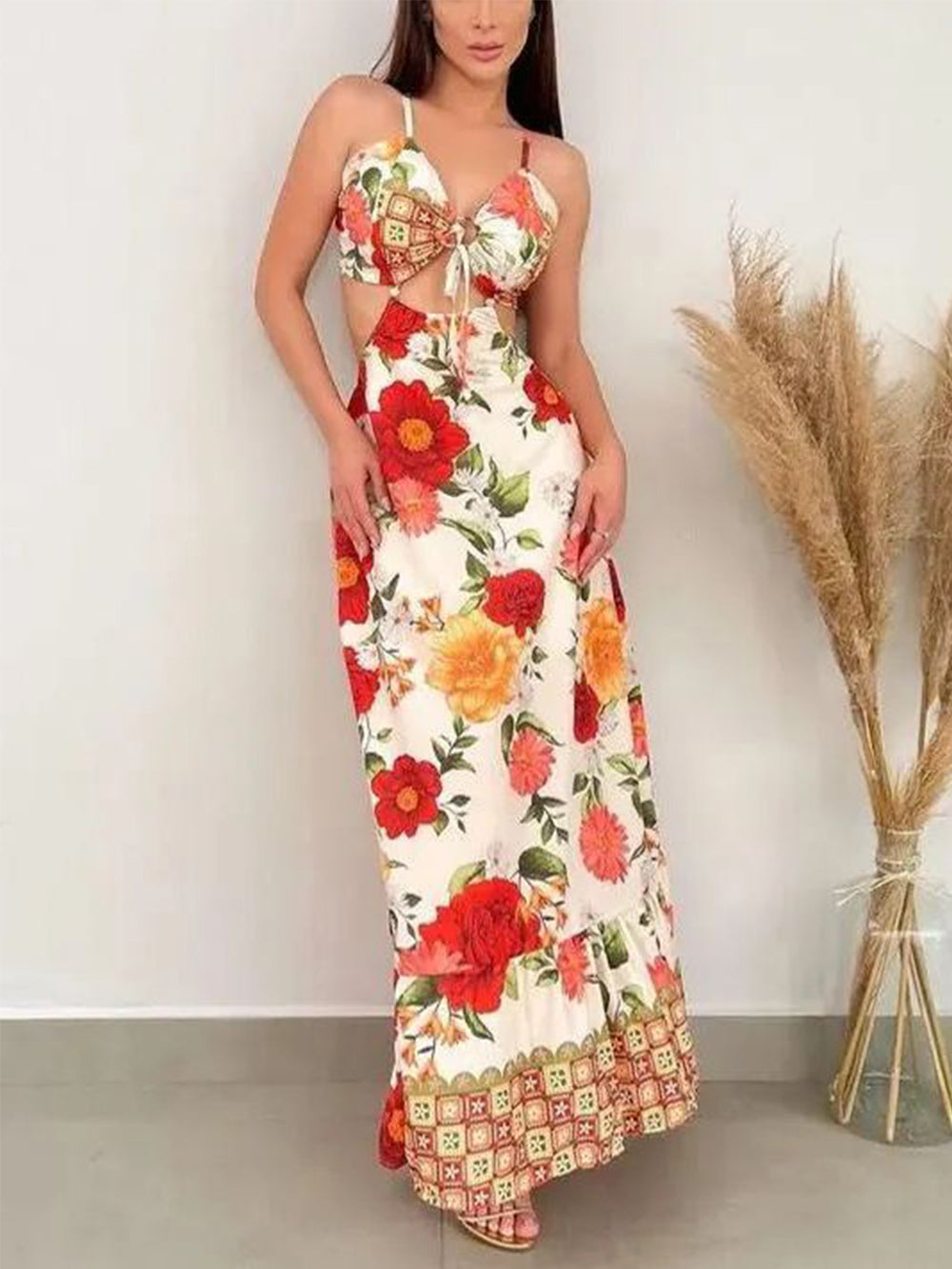 Spaghetti Strap Keyhole Cut Out Side Cut Out Floral Border Print Maxi Dress