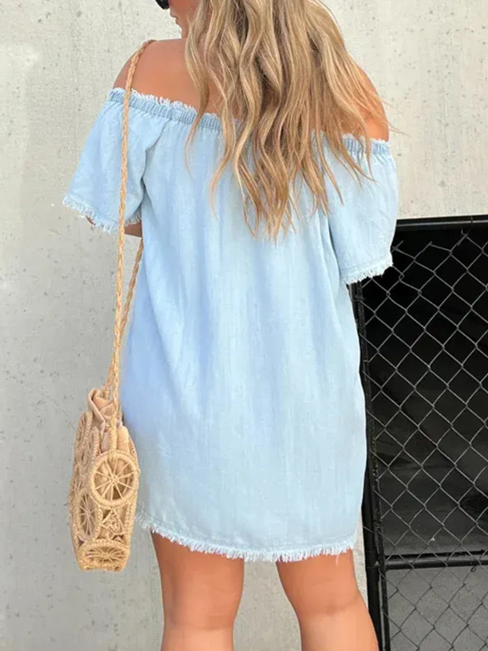 Off Shoulder Frayed Trim Button Front Denim Mini Dress