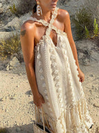 Halter Neck Criss Cross 3D Floral Applique Tiered Ruffle Maxi Dress
