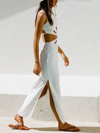 Mock Neck Flower Cut Out Waist Side Slit Linen Maxi Dress