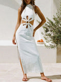 Mock Neck Flower Cut Out Waist Side Slit Linen Maxi Dress