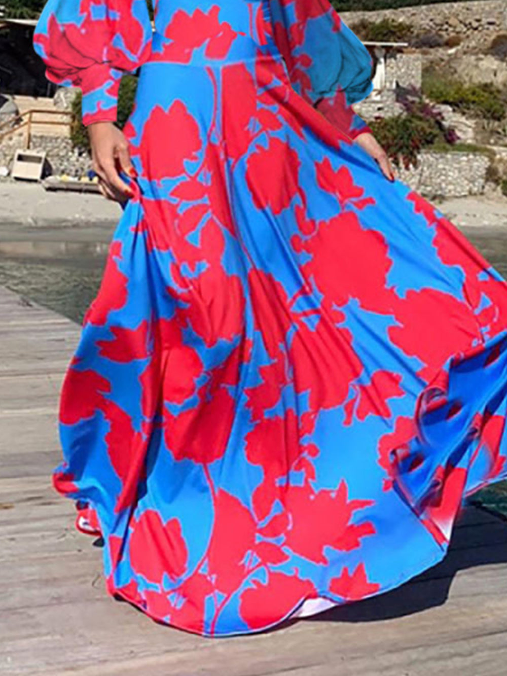 Abstract Floral Print Square Neck Puff Sleeve Fit and Flare Maxi Dress