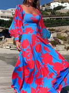Abstract Floral Print Square Neck Puff Sleeve Fit and Flare Maxi Dress