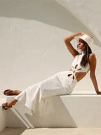 Mock Neck Flower Cut Out Waist Side Slit Linen Maxi Dress