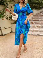 Abstract Floral Print Deep V-Neck Puff Sleeve Smocked Empire Waist A-Line Midi Dress