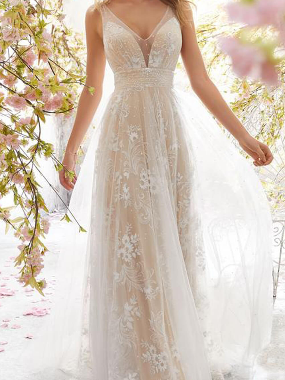 Floral Lace Illusion Deep V-Neck Beaded Waist Tank Strap A-Line Maxi Gown