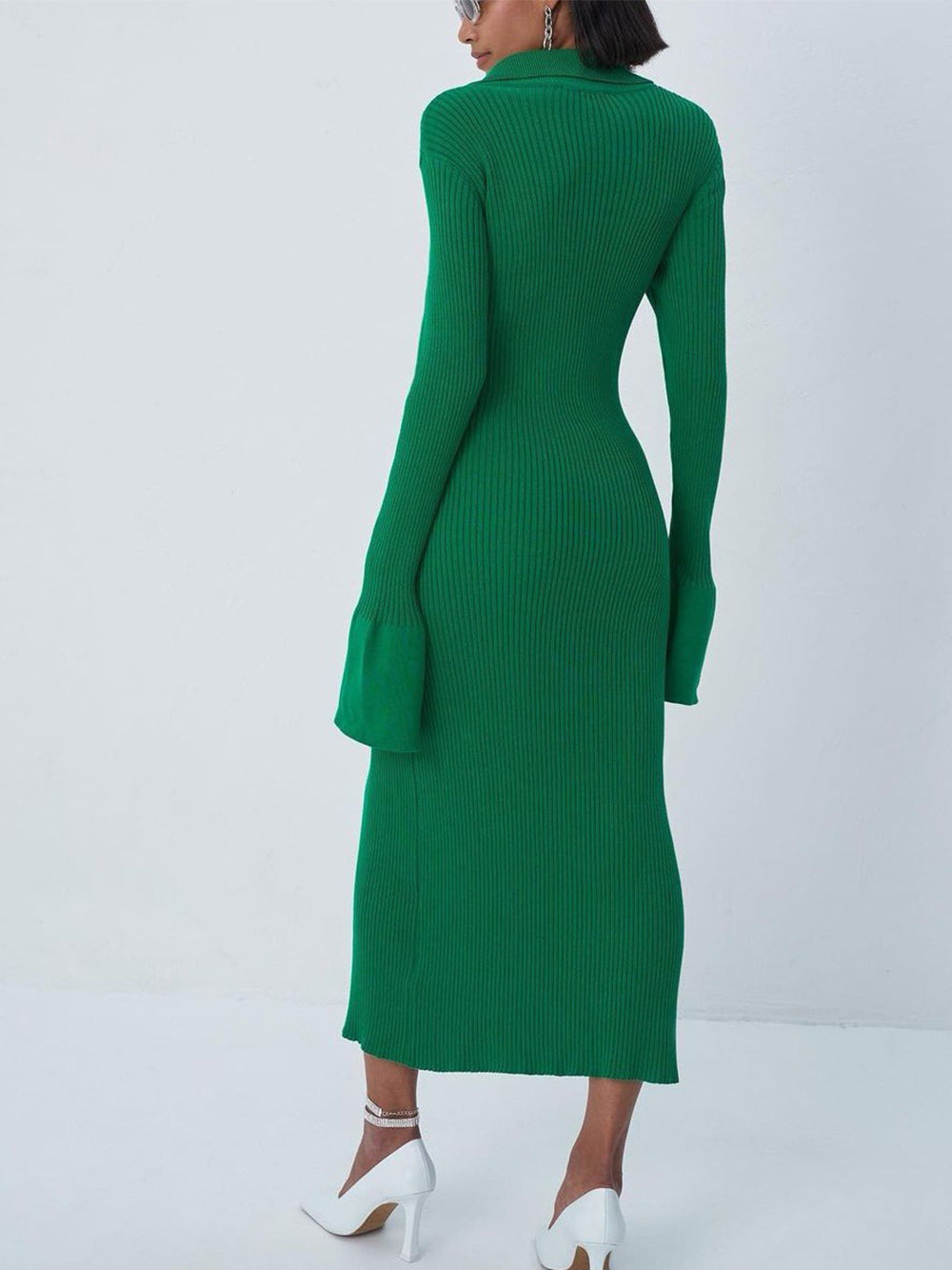 Ribbed Knit Polo Collar Button Front Bell Cuff Maxi Dress