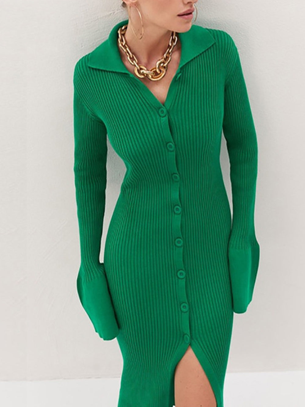 Ribbed Knit Polo Collar Button Front Bell Cuff Maxi Dress