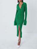 Ribbed Knit Polo Collar Button Front Bell Cuff Maxi Dress