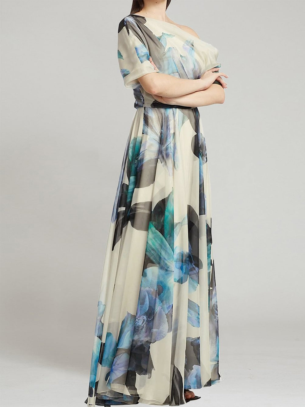 Watercolor Floral One-Shoulder Flutter Sleeve Maxi Gown
