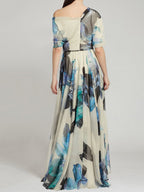 Watercolor Floral One-Shoulder Flutter Sleeve Maxi Gown