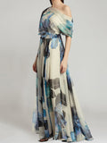Watercolor Floral One-Shoulder Flutter Sleeve Maxi Gown