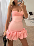 Sweetheart Corset Sheer Overlay Draped Bust Bubble Hem Ruffle Mini Dress