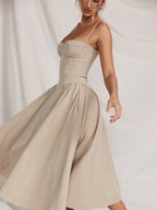 Bustier Spaghetti Strap Basque Waist Fit and Flare Midi Dress