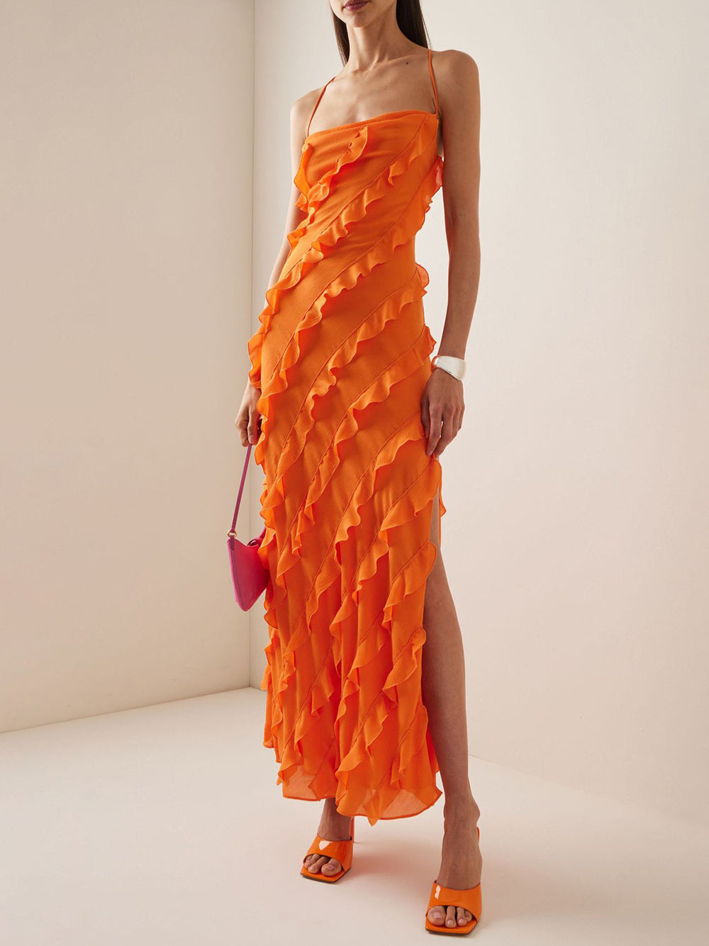 Spaghetti Strap Diagonal Cascade Ruffle Tier High Slit Maxi Dress