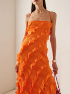 Spaghetti Strap Diagonal Cascade Ruffle Tier High Slit Maxi Dress