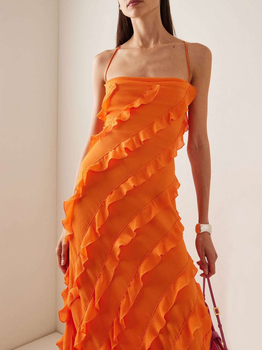 Spaghetti Strap Diagonal Cascade Ruffle Tier High Slit Maxi Dress