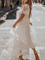 Lace Trim Deep V-Neck Button Front Tiered Ruffle Maxi Dress