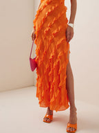 Spaghetti Strap Diagonal Cascade Ruffle Tier High Slit Maxi Dress