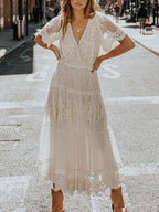 Soraya Statement Lacey Midi Dress with V Neck and Short Sleeves Occasion Edit