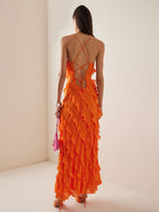 Spaghetti Strap Diagonal Cascade Ruffle Tier High Slit Maxi Dress