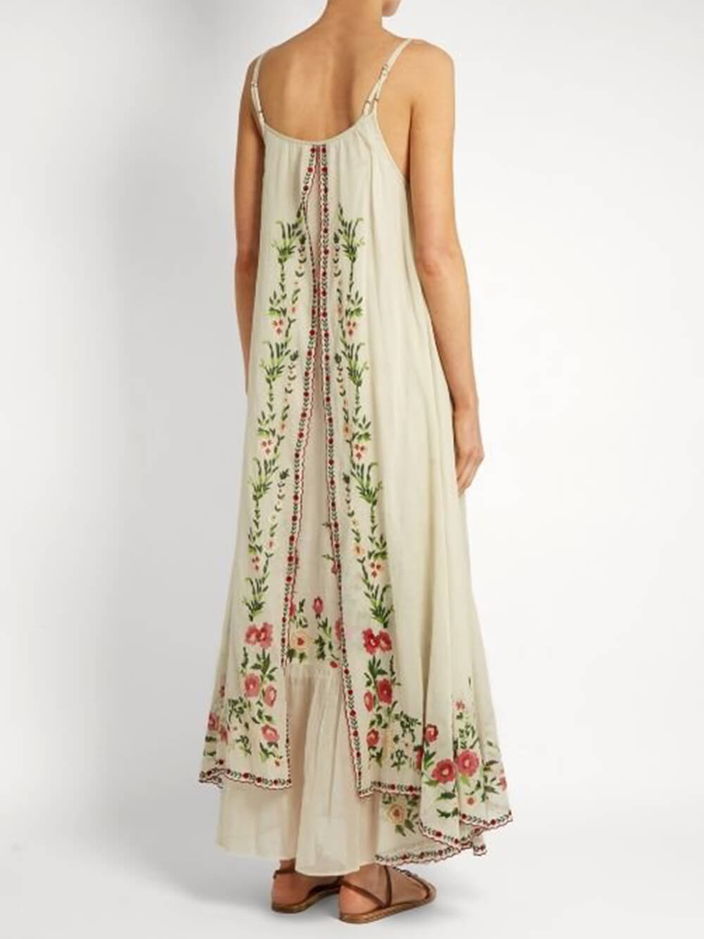 Floral Embroidery Spaghetti Strap Layered Handkerchief Hem Maxi Dress