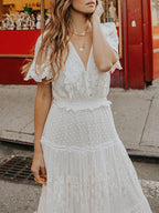 Lace Trim Deep V-Neck Button Front Tiered Ruffle Maxi Dress