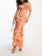 Floral Print Ruffle V-Neck Cold Shoulder Tiered Mermaid Maxi Dress
