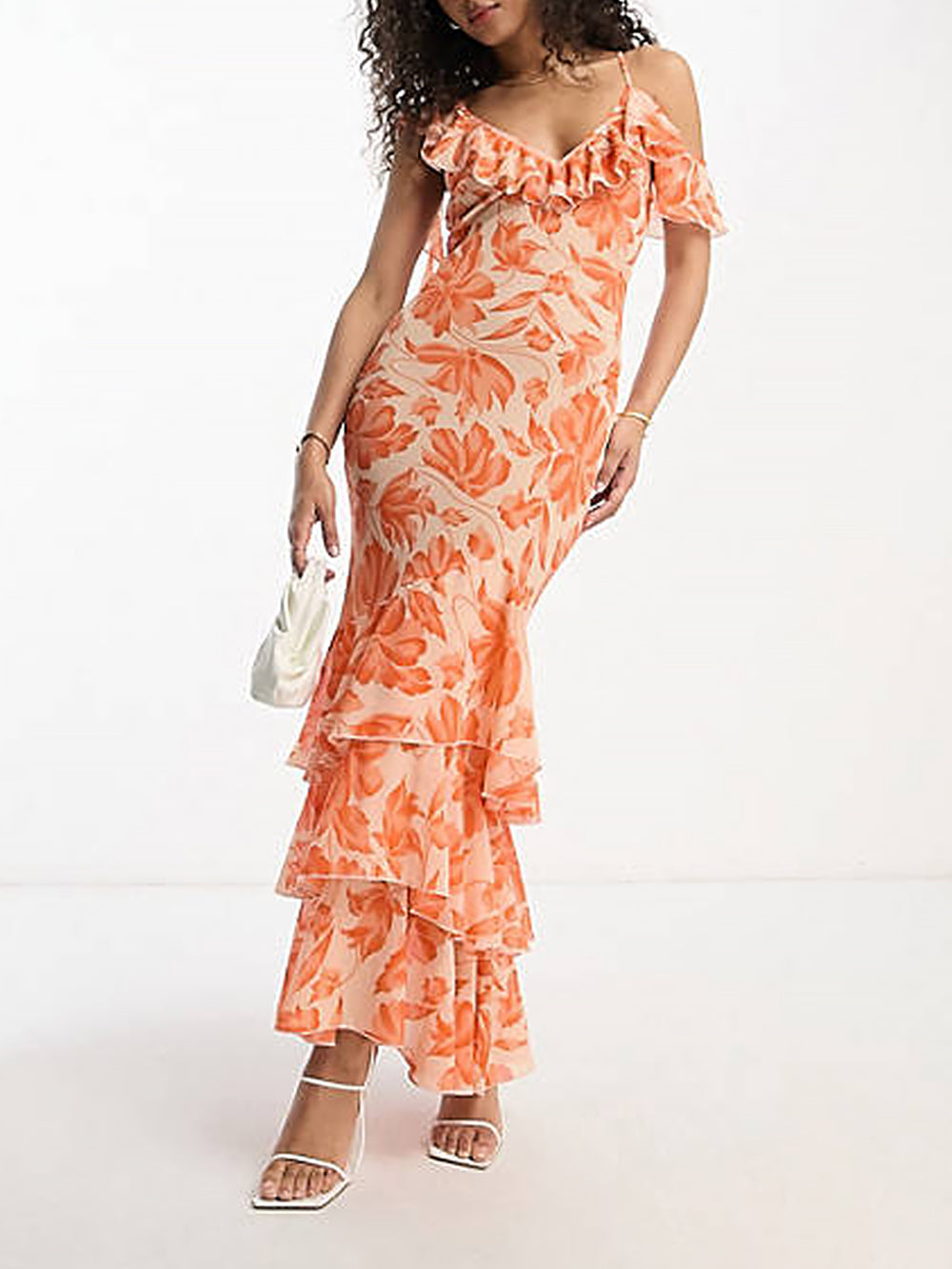 Floral Print Ruffle V-Neck Cold Shoulder Tiered Mermaid Maxi Dress