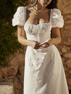Square Neck Ruched Tie Puff Sleeve Pocket Maxi Dress