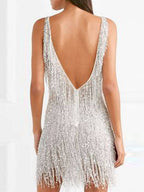 Fringe Deep V-Neck Sleeveless Tiered Bodycon Mini Dress
