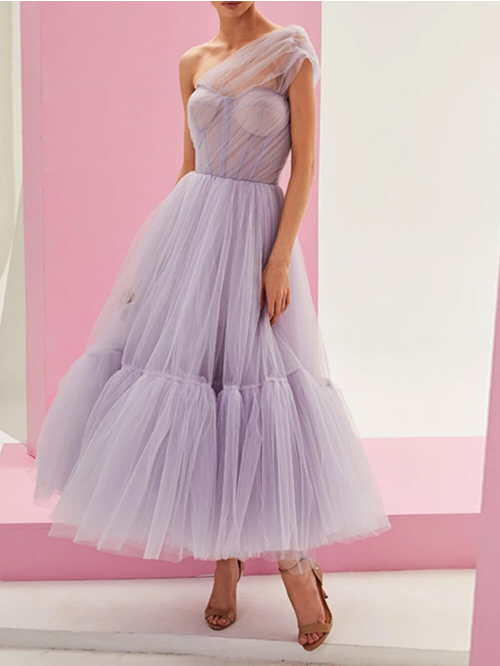 One Shoulder Tulle Drape Corset Bodice Tiered Flounce Midi Dress