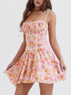 Floral Print Corset Bustier Ruched Tie Shoulder Lace Trim Mini Dress