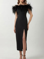 Off Shoulder Feather Trim High Slit Bodycon Midi Dress