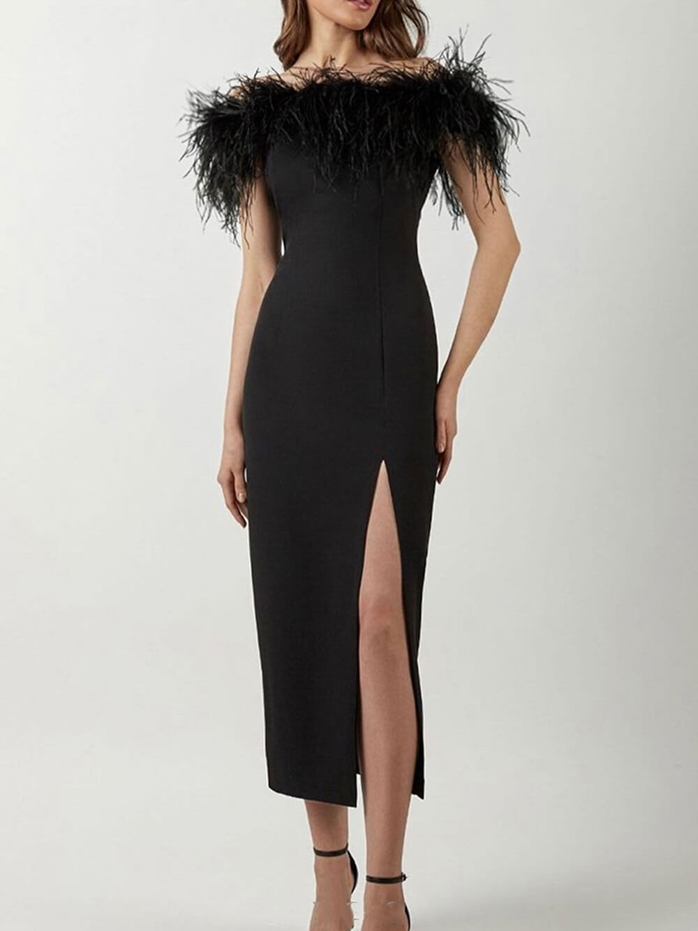 Off Shoulder Feather Trim High Slit Bodycon Midi Dress