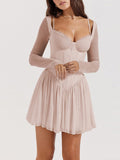 Lace Cup Sweetheart Mesh Sleeve Corset Waist Flared Mini Dress