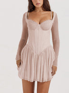 Lace Cup Sweetheart Mesh Sleeve Corset Waist Flared Mini Dress