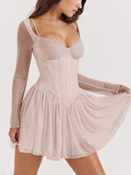 Lace Cup Sweetheart Mesh Sleeve Corset Waist Flared Mini Dress