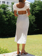 Sweetheart Tie Front Puff Sleeve Side Cutout Waist Midi Dress