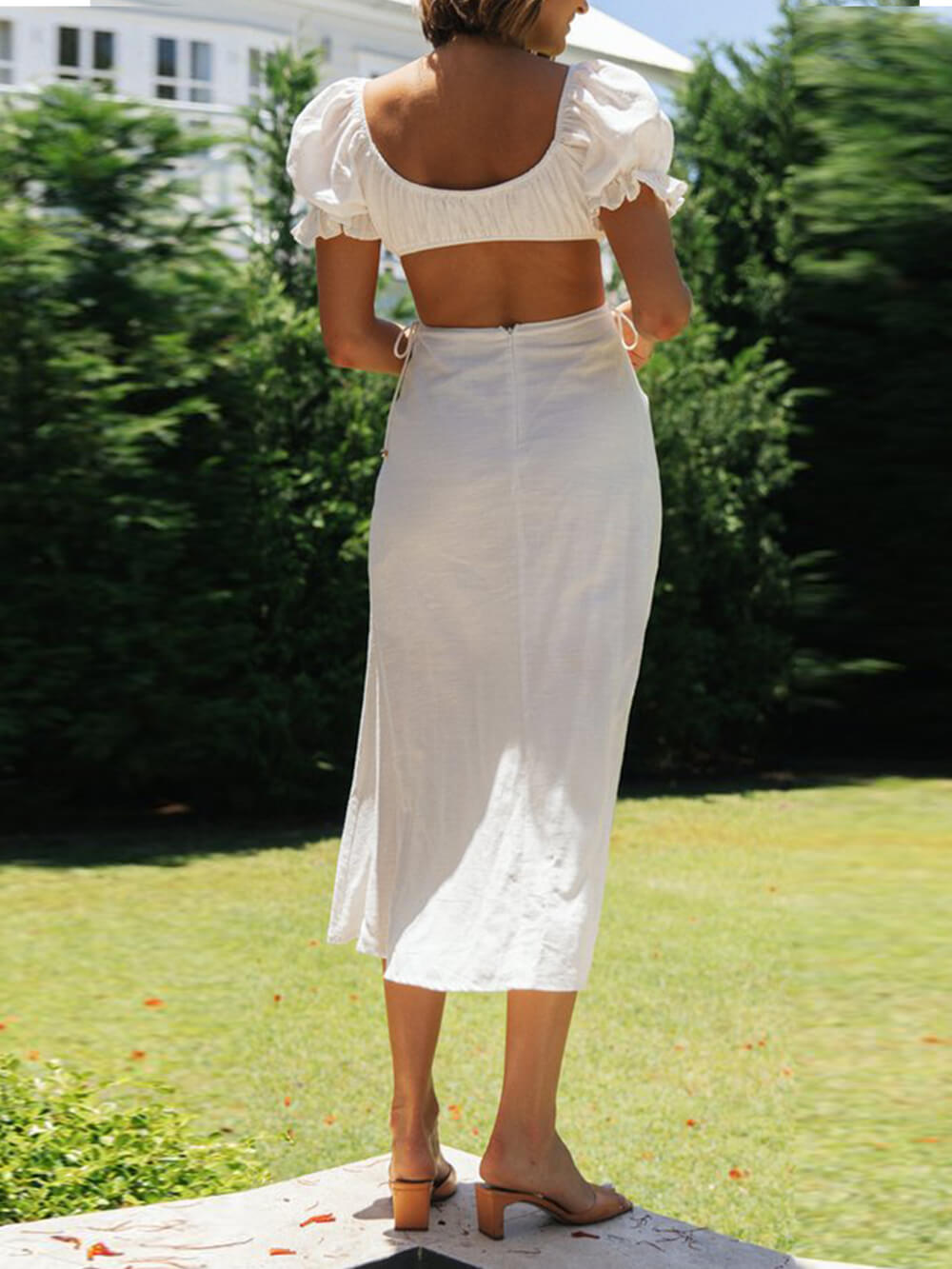 Sweetheart Tie Front Puff Sleeve Side Cutout Waist Midi Dress