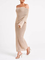 Off-the-Shoulder Draped Overlay Long Bell Sleeve Boucle Knit Maxi Dress