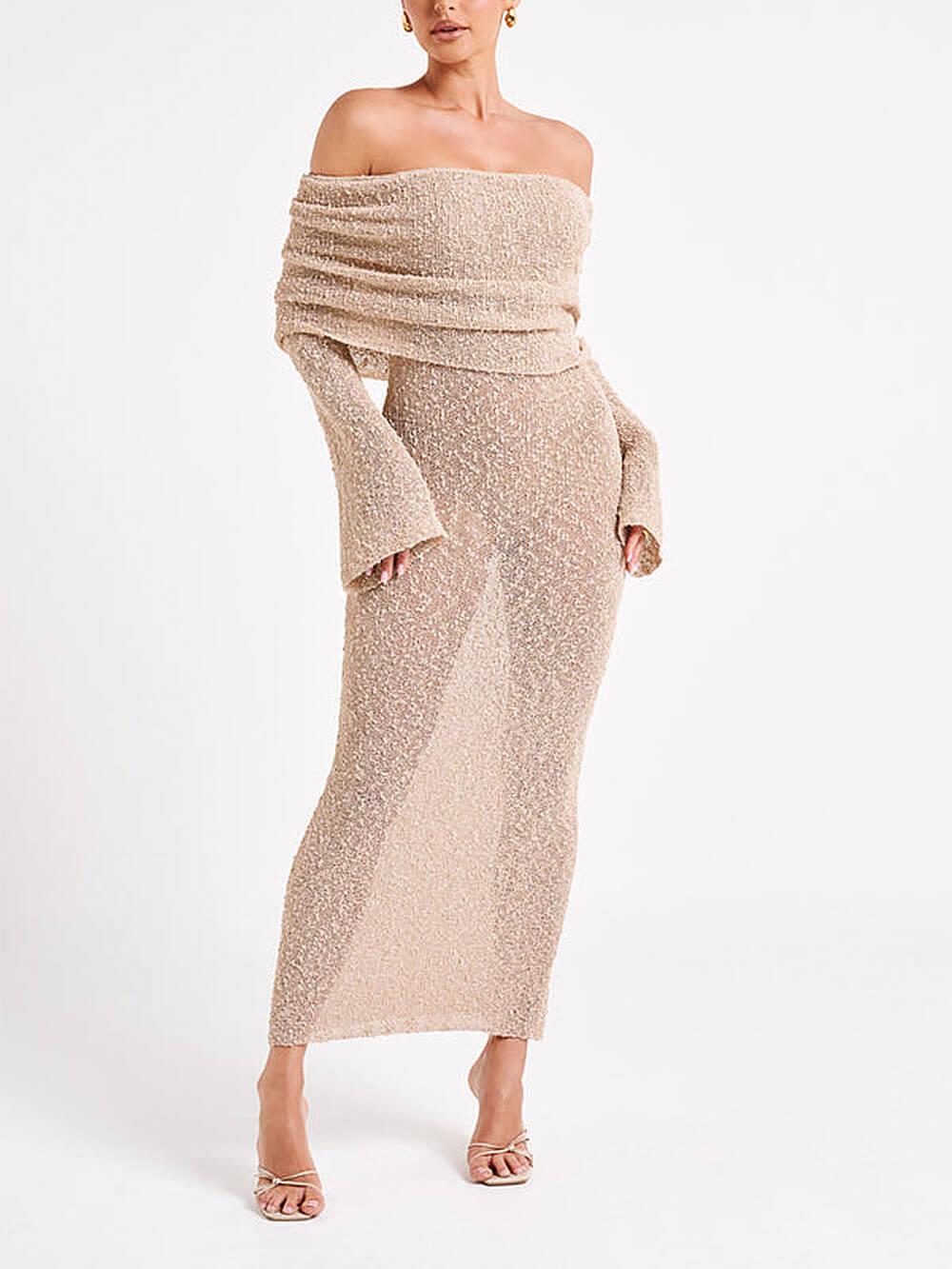 Off-the-Shoulder Draped Overlay Long Bell Sleeve Boucle Knit Maxi Dress