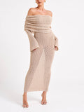 Off-the-Shoulder Draped Overlay Long Bell Sleeve Boucle Knit Maxi Dress