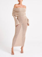 Off-the-Shoulder Draped Overlay Long Bell Sleeve Boucle Knit Maxi Dress