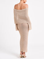 Off-the-Shoulder Draped Overlay Long Bell Sleeve Boucle Knit Maxi Dress