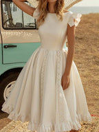 Boat Neck Cap Sleeve Pleated Lace Panel Ruffle Hem A-Line Midi Dress