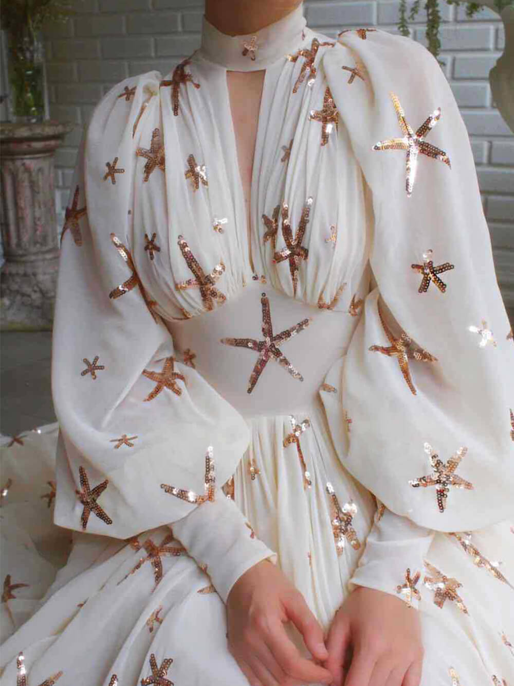 Starfish Sequin Mock Neck Keyhole Lantern Sleeve Side Slit Maxi Dress