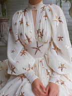 Starfish Sequin Mock Neck Keyhole Lantern Sleeve Side Slit Maxi Dress