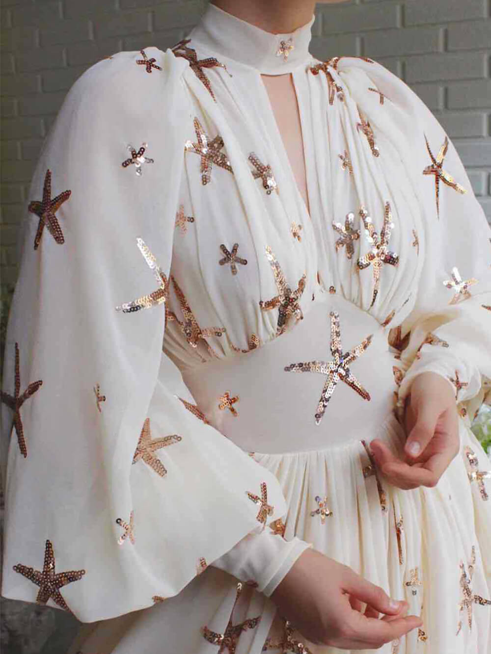 Starfish Sequin Mock Neck Keyhole Lantern Sleeve Side Slit Maxi Dress